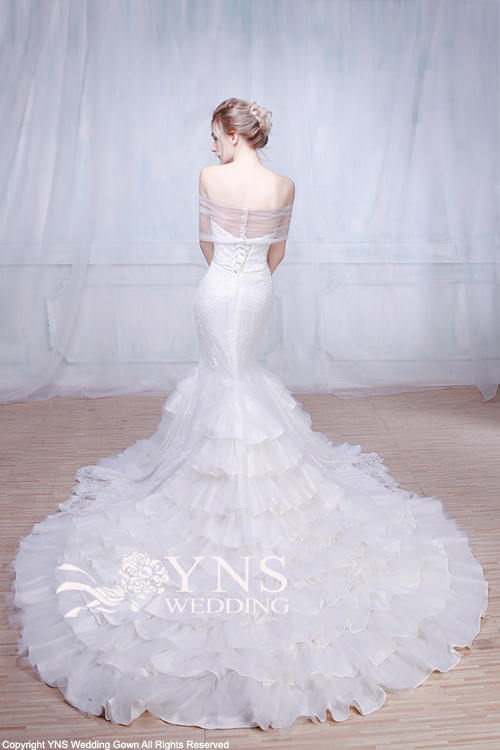 YNSウェディング 取り外し可能 マーメイドサテンドレス オフショルダー
